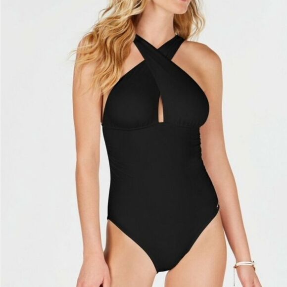 Becca by Rebecca Virtue Fine Line Tessa Crossover High Neck One-Piece Si… - Picture 1 of 15